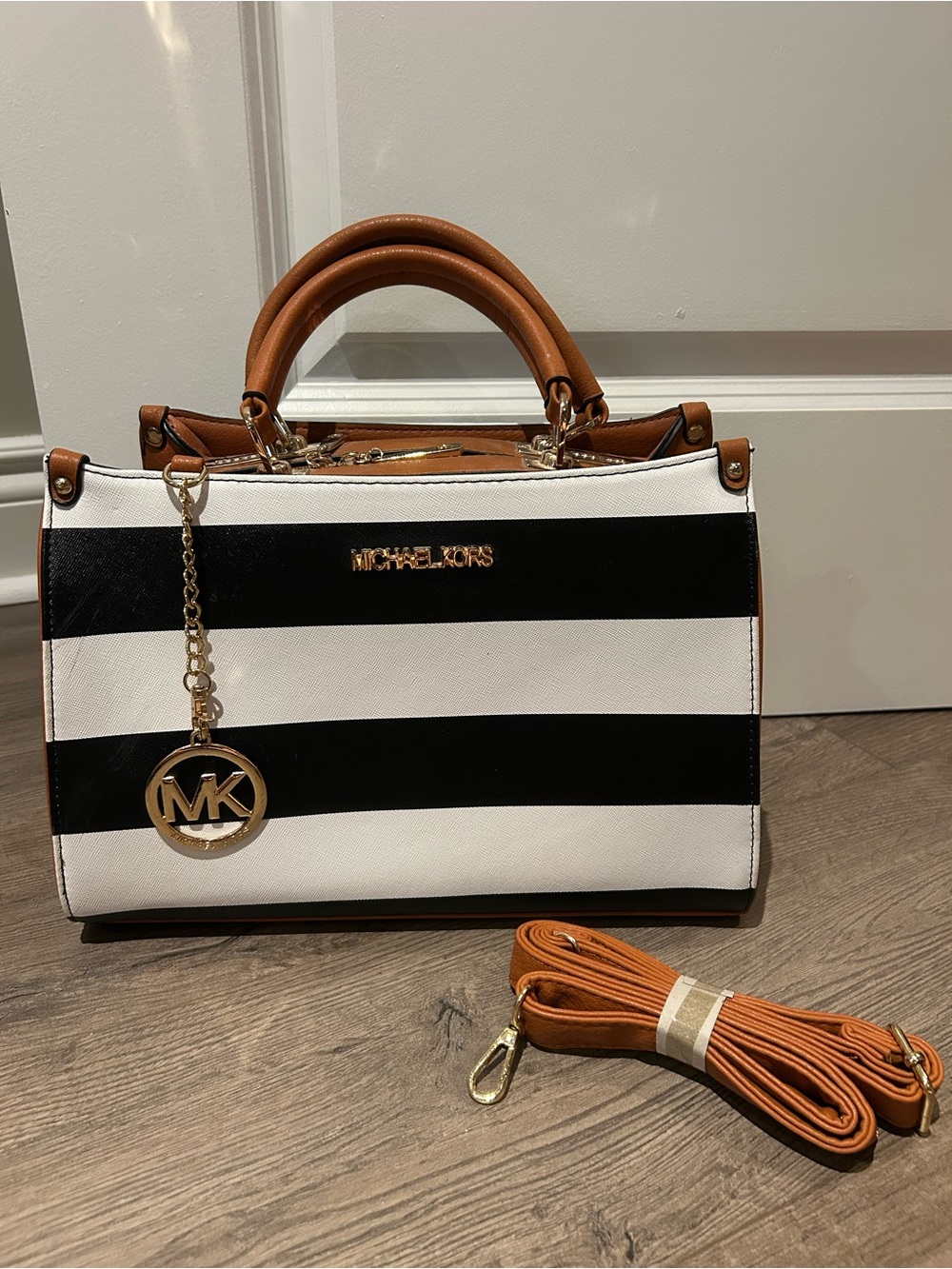 MICHAEL KORS Black & White Striped Top Handle Satchel with Tan Trim